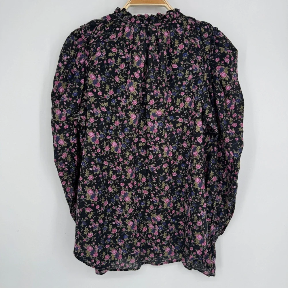 Free People Meant to Be Blouse Medium Black Floral Boho Romantic Puff Sleeve Top